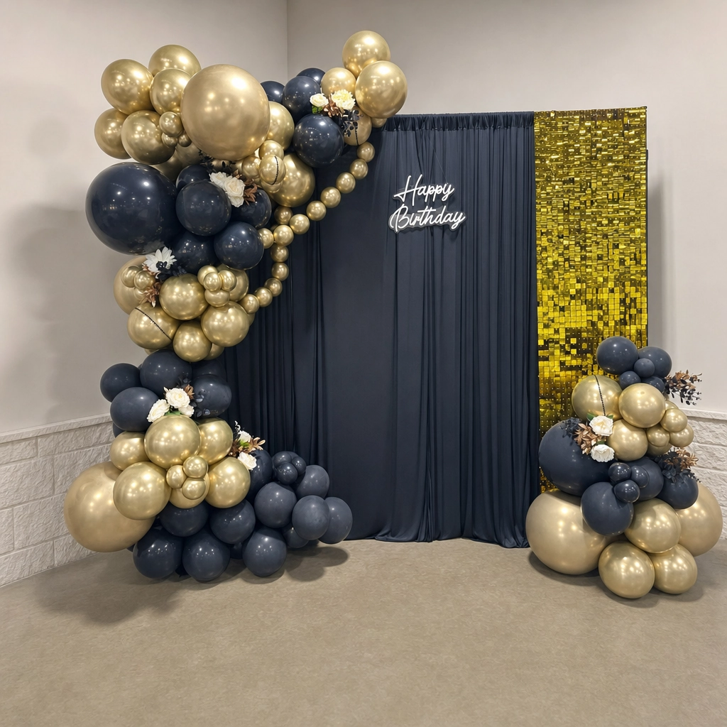 Navy and gold birthday balloon backdrop