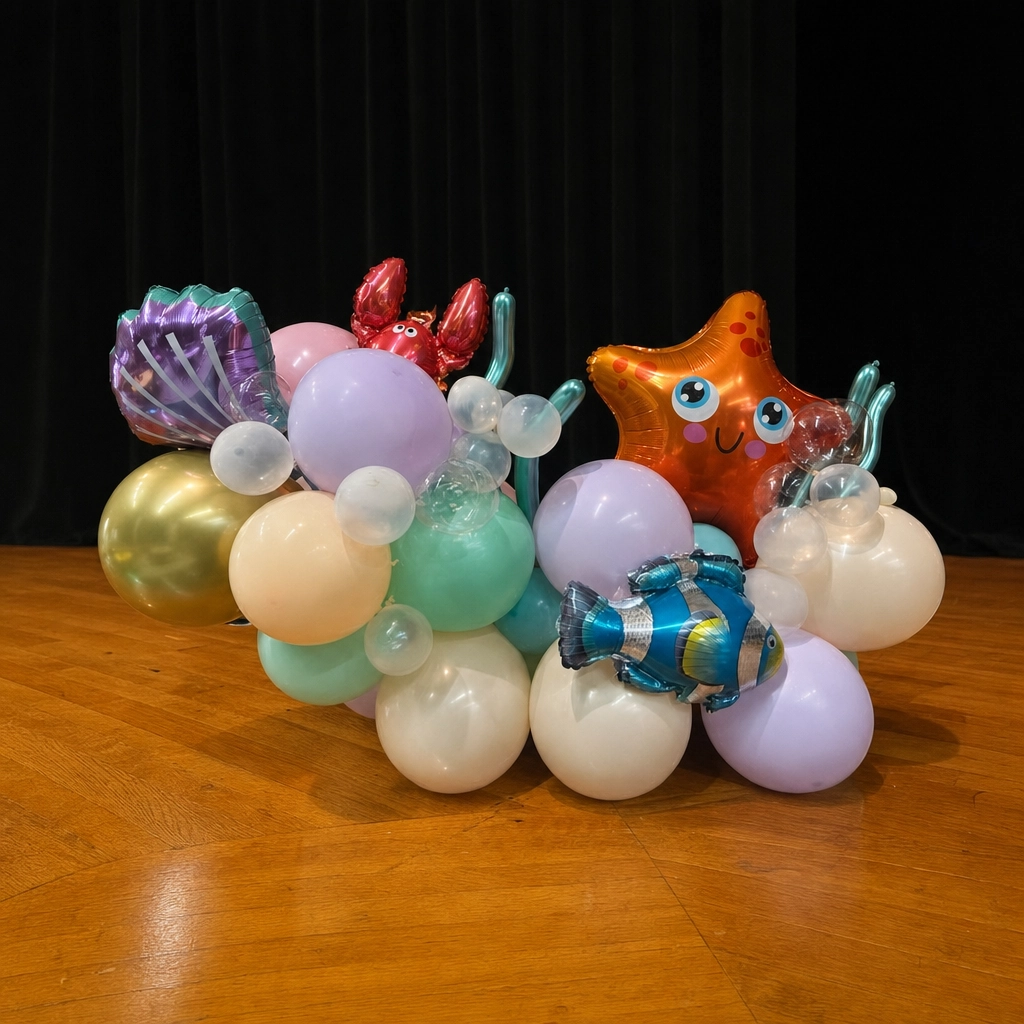 Pastel undersea balloon centerpiece with starfish and fish