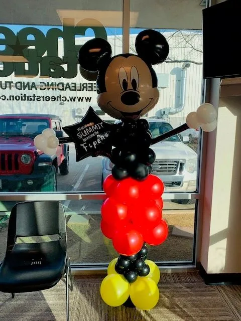 Red, black, and yellow mouse-themed balloon column
