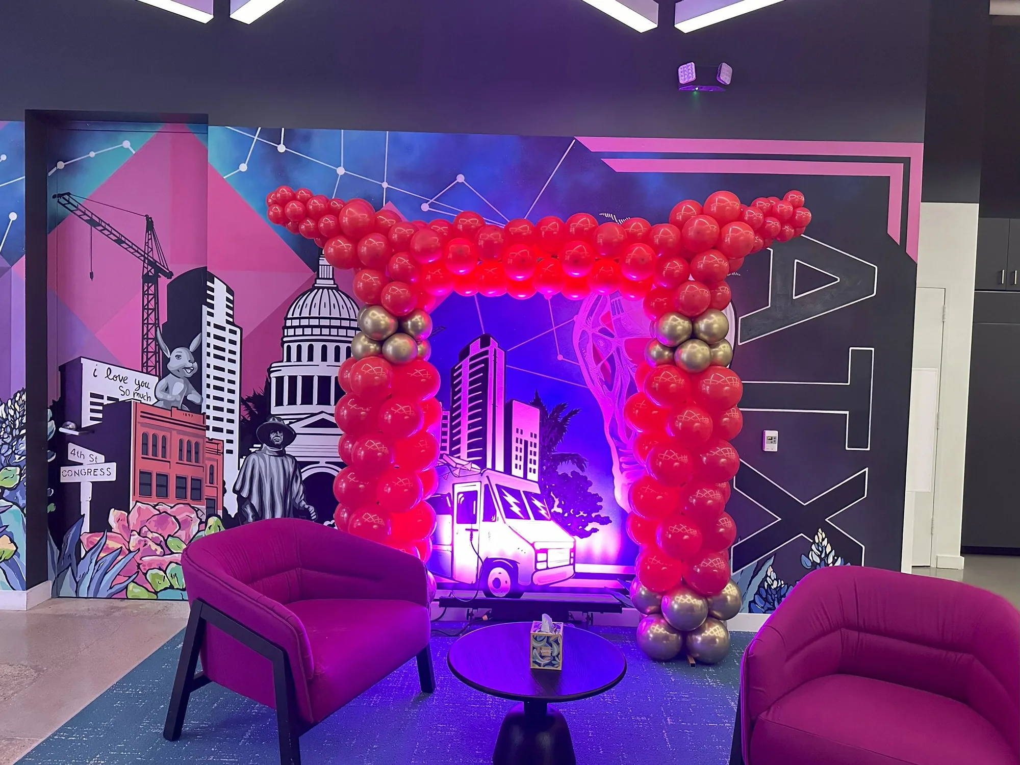 Red square balloon frame against a colorful illustrated wall