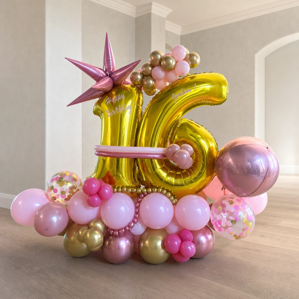 Gold sixteen helium-style balloon display
