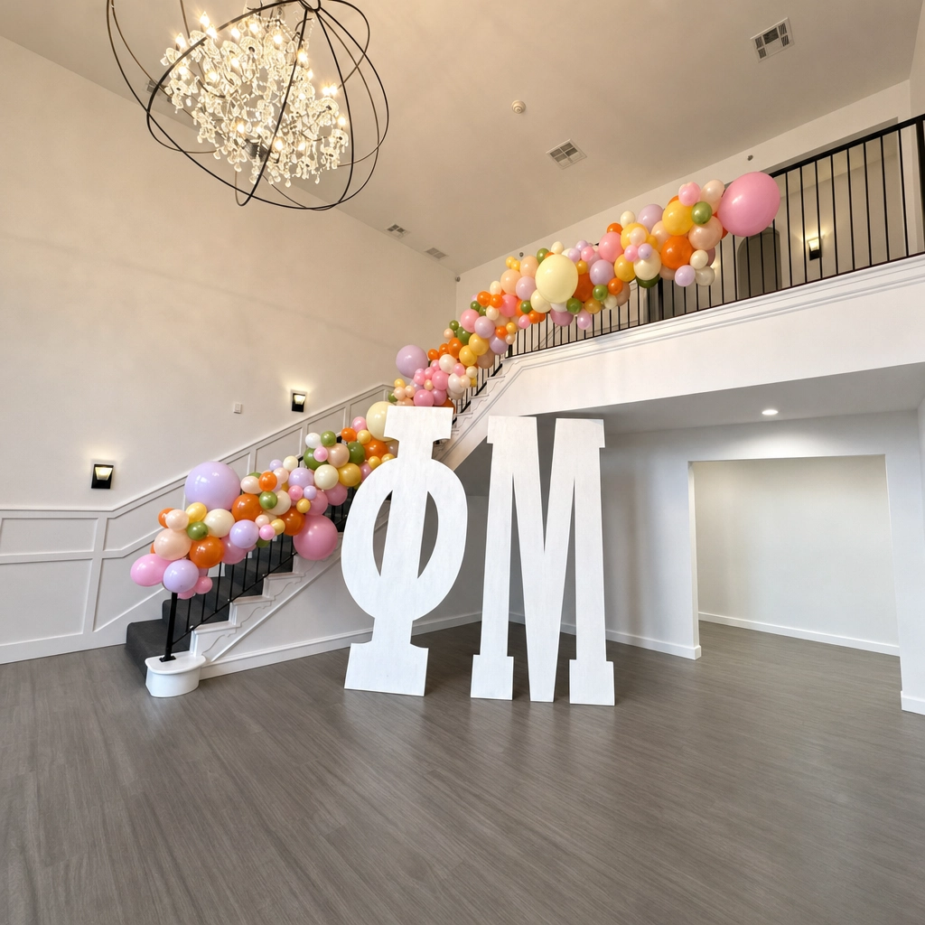 Pastel balloon garland with sorority letters on a staircase